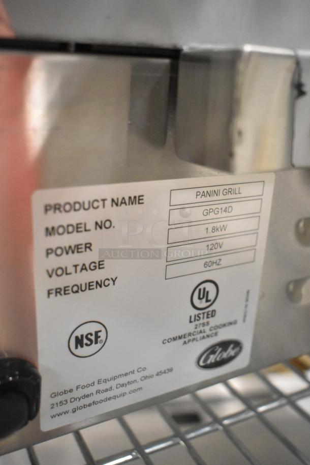 Brand new Globe GPG14D stainless steel panini press, 120V, 1-phase. Features NSF and UL certifications.