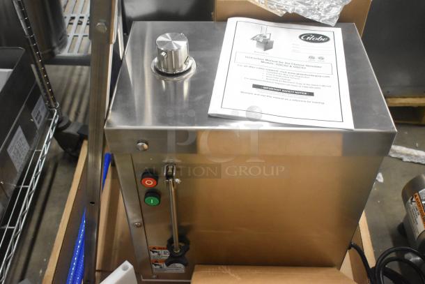 BRAND NEW Globe GSCS3-3 electric cheese shredder, 230V, 3-phase. Stainless steel, buttons visible. Includes manual.