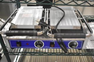 Brand new Globe GSGDUE10 stainless steel double panini press, 240V, 1 phase, stainless finish, commercial use.