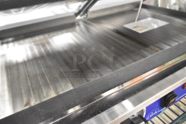Brand new 2024 Globe GSGDUE10 stainless steel double panini press, 240V, 1 phase, countertop design.