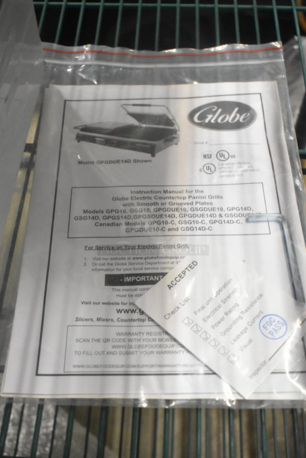 Brand new Globe GSGDUE10 stainless steel commercial double panini press, 240V, 1 phase; instruction manual included.