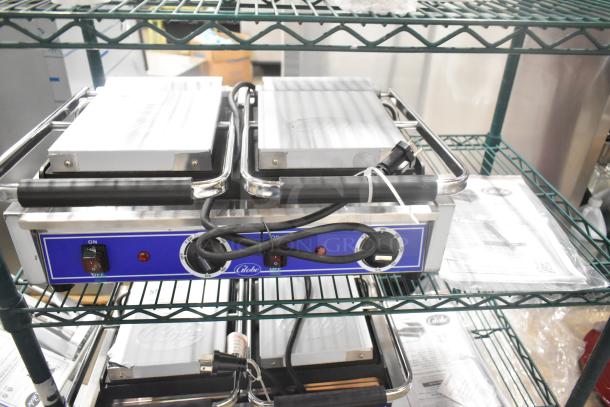 Brand new 2024 Globe GSGDUE10 stainless steel double panini press, 240 volts, 1 phase, countertop commercial model.