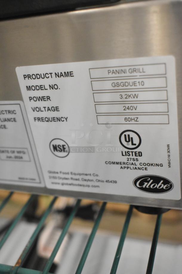 Brand new Globe GSGDUE10 stainless steel double panini press, 240 volts, 1 phase, 3.2KW, NSF and UL listed.