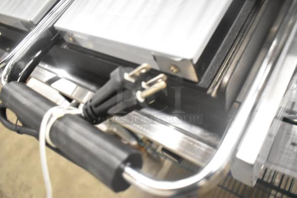 BRAND NEW 2024 Globe GSGDUE10 Stainless Steel Commercial Double Panini Press, 240V, 1 Phase, shown with plug detail.