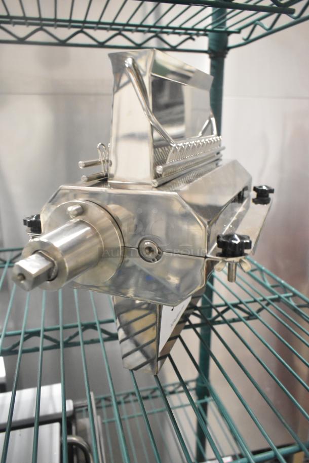 Brand new stainless steel commercial pasta noodle cutter with adjustable knobs and precise cutting blades, in pristine condition.