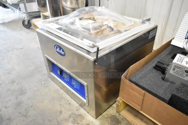 Brand new 2023 Globe GVP20 stainless steel commercial vacuum sealer with 16.5" seal bar, 110V, 1 phase, pristine condition.