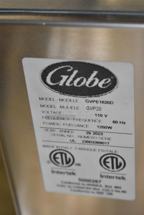 BRAND NEW! 2023 Globe GVP20 stainless steel commercial vacuum sealer with 16 1/2" seal bar, 110 volts, 1 phase.