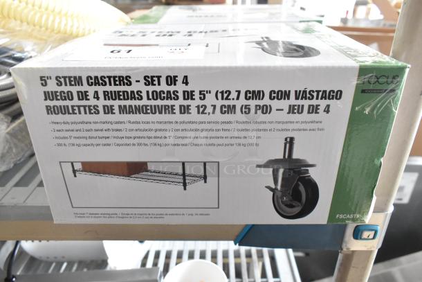 Box of 4 brand new 5" Focus commercial stem casters, heavy-duty, non-marking, 300 lb capacity each, with swivel and brakes.