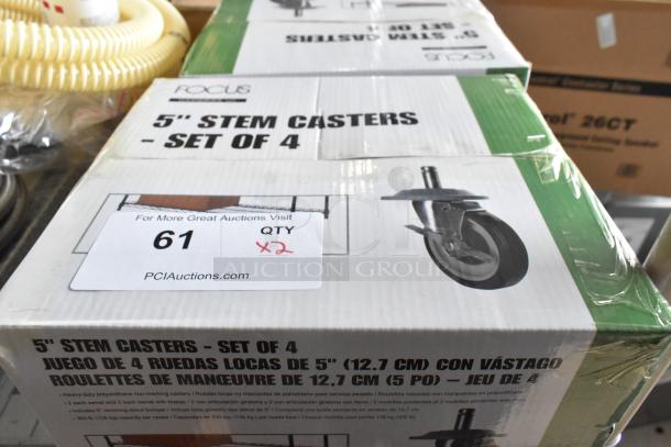 Two boxes of brand new Focus 5" stem casters, set of 4. Heavy-duty, non-marking, labeled for auction with quantity doubled.
