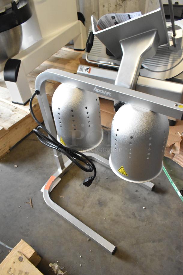 Adcraft HL-2 commercial double heat lamp, metal, countertop design, 120 volts, 1 phase, with cord and warning symbol.