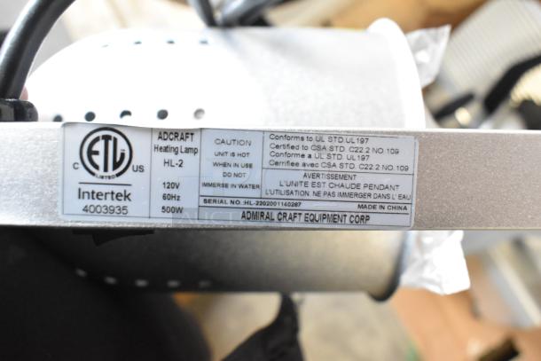 Adcraft HL-2 metal commercial countertop double heat warming lamp, 120V, 60Hz, 500W, with label showing model and certifications.