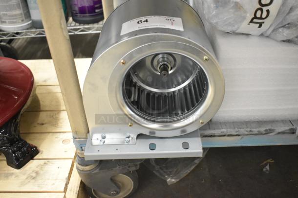 Genteq 71241560 metal blower, 208-230V, 1 phase. Appears in good condition with label "64" indicating auction lot.