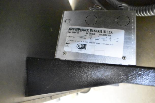 Hatco HCWBIR-3DA label showing model, serial number, and electrical specifications for commercial food well.