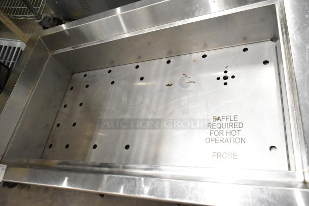 Hatco HCWBIR-3DA stainless steel dual temperature food well, two pans, drop-in style, baffle required note visible.