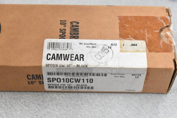 Box showing label for Cambro SPO10CW110 Black Camwear Solid Salad Bar Spoons, 0.75 oz, 12 count, new condition.