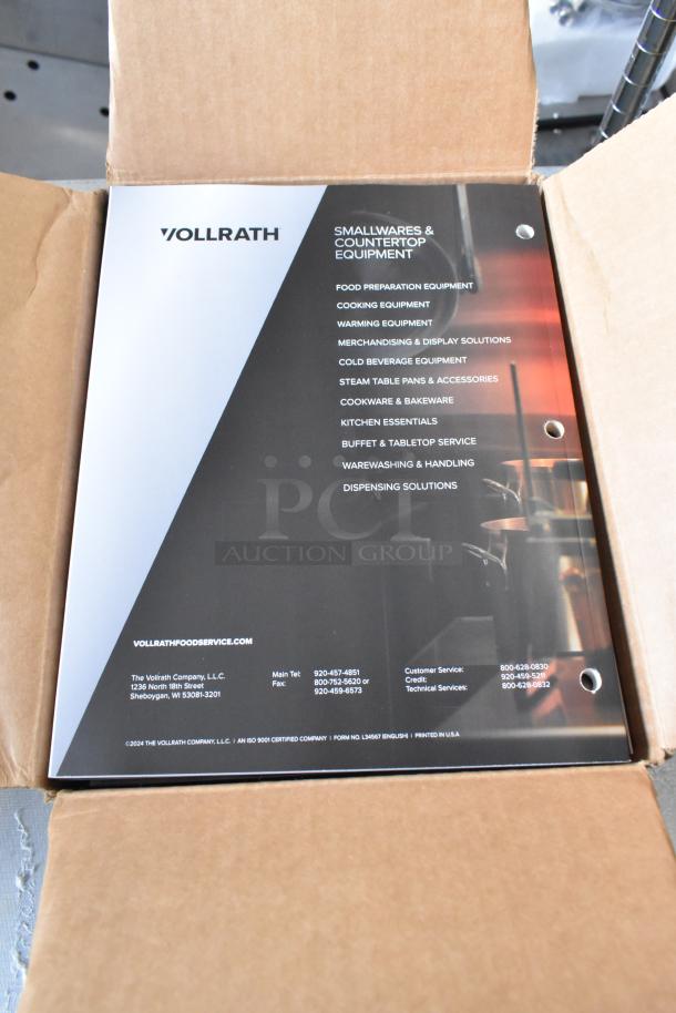 Three new Vollrath smallwares and countertop equipment booklets in box, featuring product categories and contact details.
