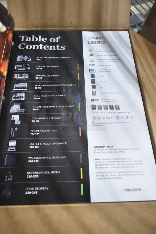 Three new boxes of Vollrath booklets featuring equipment categories and symbol legend, pristine condition.