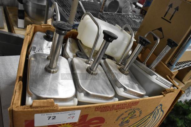 9 white poly bins with stainless steel pump lids, used condition, includes a label indicating "Qty x9".