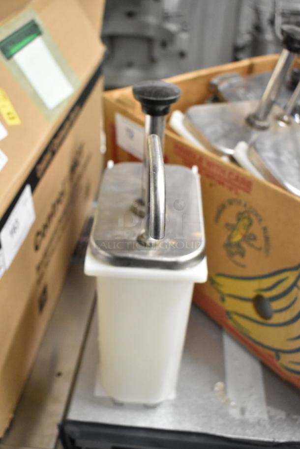 9 white poly bins with stainless steel pump lids; durable, versatile storage and dispensing solution.