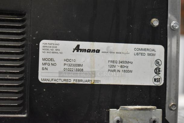 Amana HDC10 stainless steel commercial microwave, 120V, 1 phase, label shows model, MFG No. P1323008M, made Feb 2001.