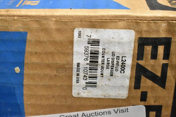 San Jamar EZ-FIT LID Dispenser, new in box, Model L2400C, large size, counter mount, Made in USA, visible barcode.