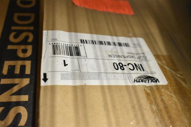 New Vollrath INC-80 in-counter cup dispenser, 8-44 oz, 23" long in box. Label shows model and barcode.