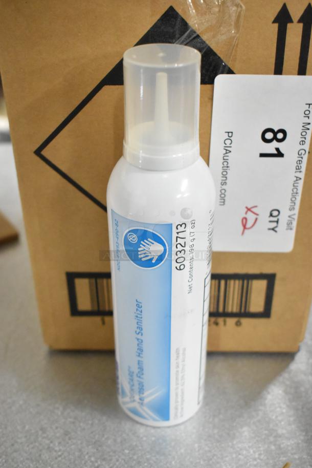 Box of 12 aerosol foam hand sanitizers, 198g each, brand new, labeled 6032713, with '2 Times Your Bid' promotion.