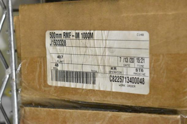 7 brand new Resinite 500mm RMF-IM meat packaging film boxes. Label shows plant 407, roll 48, date 7/13/20, work order C8225713400048.