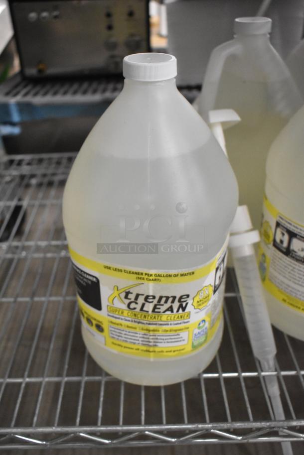 Gallon jug of Xtreme Clean super concentrate cleaner on metal shelf, labeled for efficiency and eco-friendliness.