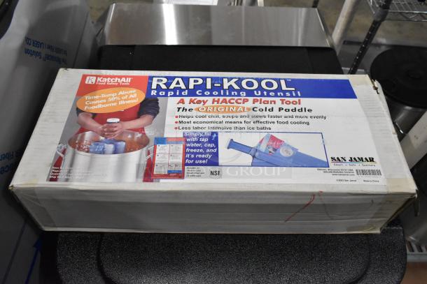 San Jamar Rapi-Kool Cooling Bottle, brand new in box, includes six units. Features HACCP plan tool for efficient cooling.