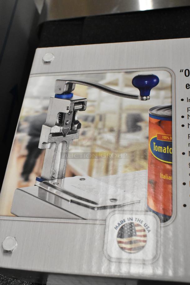 Brand new Edlund #1 manual metal can opener, in box. Made in the USA. Shiny metal design with blue handle.