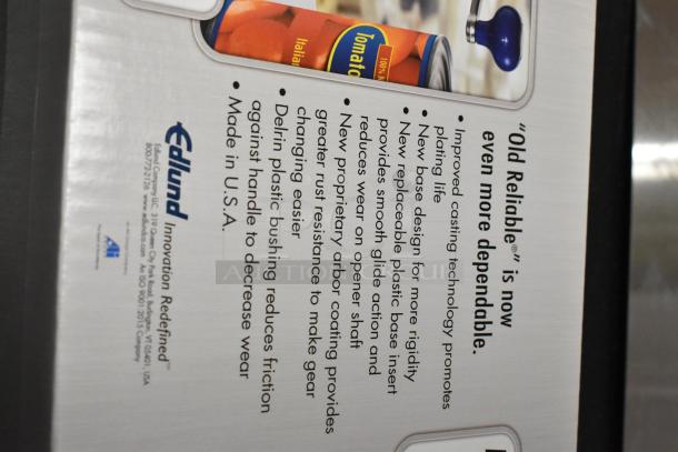 Brand new Edlund #1 Metal Manual Can Opener in box. Features improved casting, rust resistance, and smooth glide action. Made in USA.