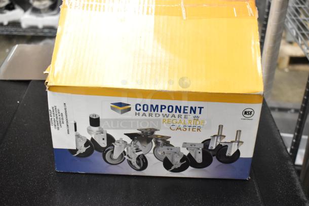 Box of brand new Component Hardware metal caster legs, labeled "Regal Ride Caster," includes set of four.