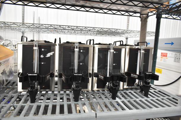 4 new Bunn 1.5GPR-FF coffee servers with top handles, fast flow faucets, and Bunn branding on the front.