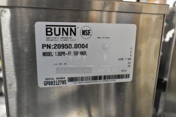 Brand new Bunn 1.5GPR-FF coffee server with top handles and fast flow faucet. Model: 1.5GPR-FF. Serial No: GPR0312705.