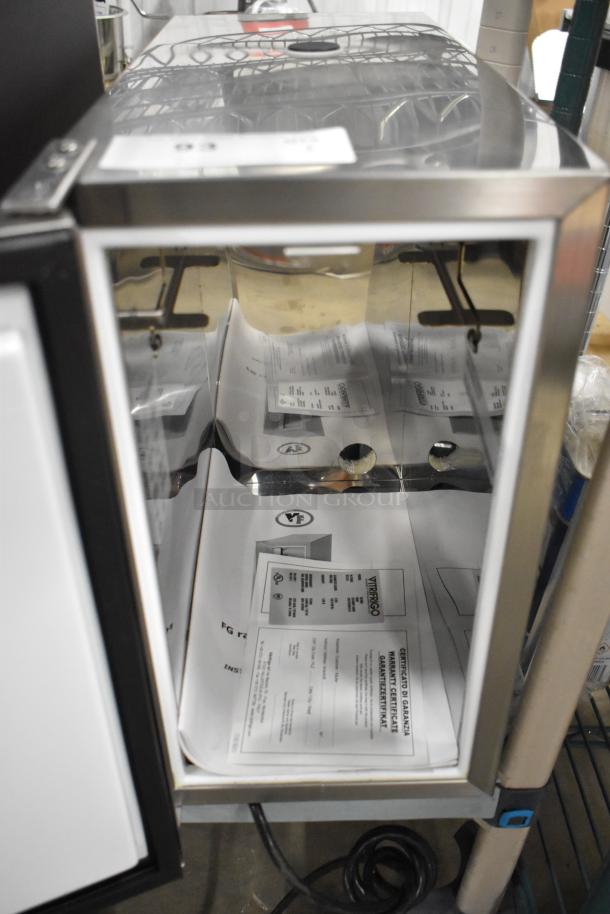 Brand new Vitrifrigo FG14IX stainless steel commercial milk cooler, 115 volts, 1 phase, with visible warranty certificate.