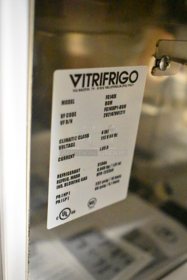 BRAND NEW Vitrifrigo FG14IX Stainless Steel Commercial Milk Cooler, 115V, 1 Phase, with visible specifications label.