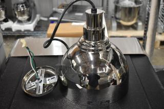 Brand new Hatco DL-725-CN metal heat lamp, 120 volts, 1 phase. Features a reflective chrome finish and caution label.