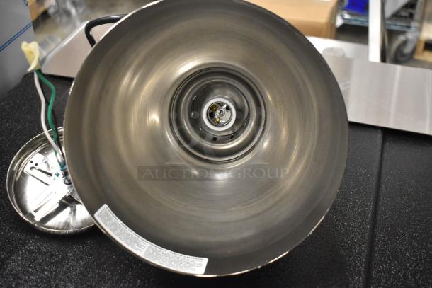 Brand new Hatco DL-725-CN metal heat lamp, 120 volts, 1 phase. Includes mounting hardware, wiring, and label details.