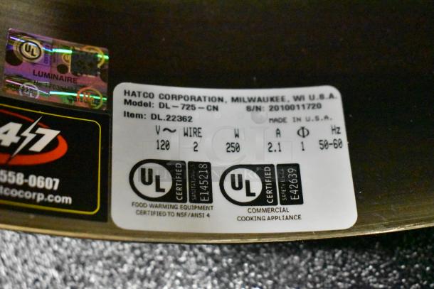 Hatco DL-725-CN metal heat lamp label, 120V, 1 phase, UL certified for food warming. Model and serial details shown.