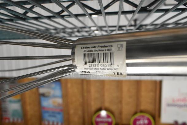 Brand new Tablecraft MW40 40" metal kettle whip with stainless steel construction and label showing product details.