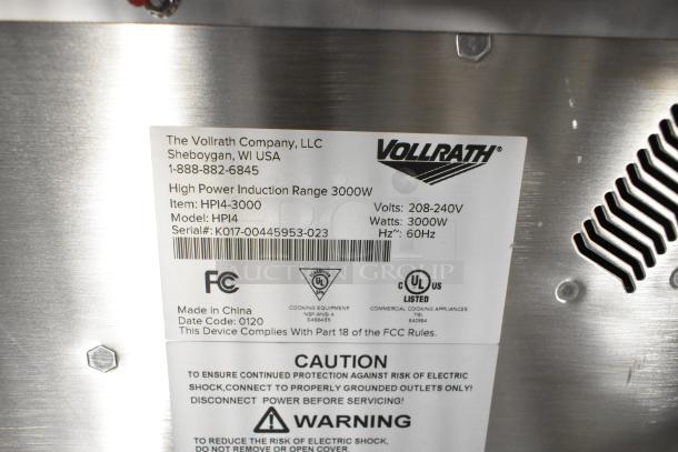 Vollrath HPI4 induction range label showing specs: 3000W, 208-240V, single-phase. Brand new condition, model HPI4.