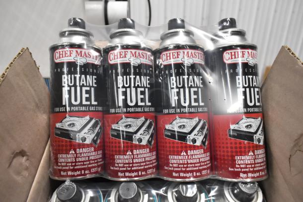 Box of 12 brand new ChefMaster butane fuel bottles, 8 oz each, labeled for use in portable gas stoves, extremely flammable.