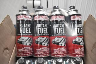 Box of 12 brand new ChefMaster butane fuel bottles, 8 oz each, labeled for use in portable gas stoves, extremely flammable.