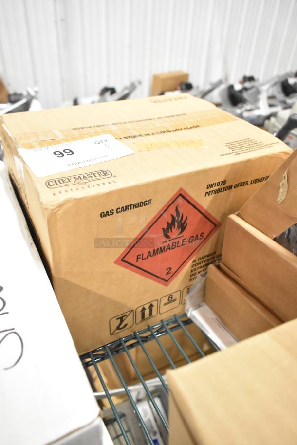 Box of 12 ChefMaster Butane Fuel Bottles, brand new, sealed. Features flammable gas warning label.