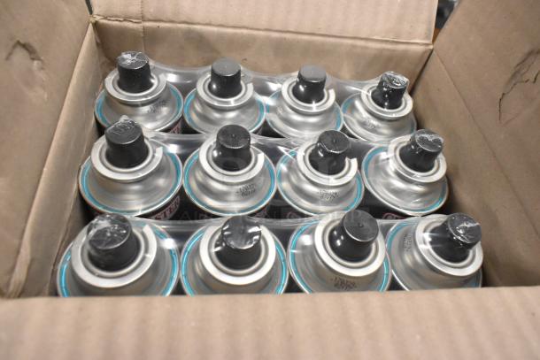 Box of 12 ChefMaster butane fuel bottles, brand new, sealed, visible labeling, suitable for lighters and torches.