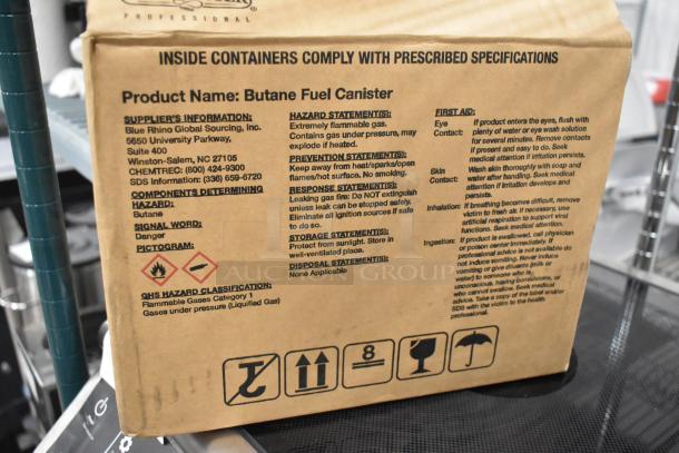 Box of 12 ChefMaster Butane Fuel Bottles, brand new. Features hazard warnings and usage instructions on packaging.