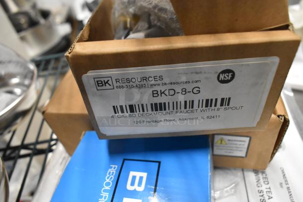 3 new items including BK Resources BKD-8-G deck mount faucet with 8" spout, NSF certified. Box labels show item details.
