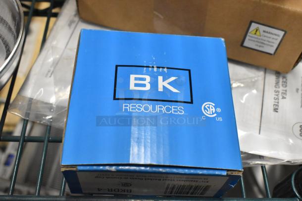 Blue box of BK Resources deck mount faucet, model BKD-8-G, brand new. Includes CSA and US certification logos.