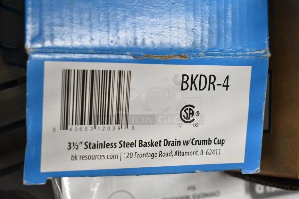 BKDR-4 stainless steel basket drain in original packaging. Features a crumb cup. Brand new, by BK Resources.